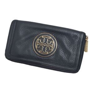 TORY BURCH Wallet AMANDA Black Pebble Leather Zip Around Envelope Gold Logo Boho